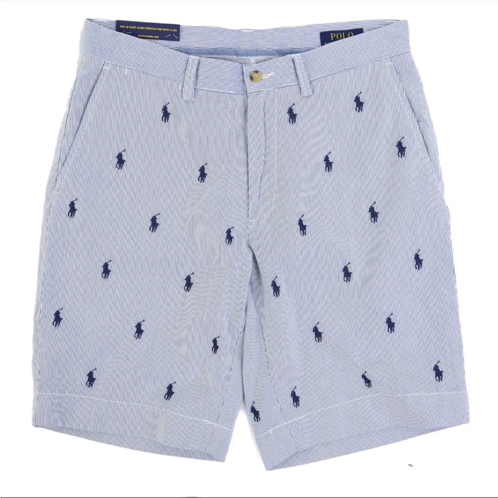 Free Ship! NWT! Polo Ralph Lauren Navy Pinstriped Logo Shorts 9” Men’s Size 36